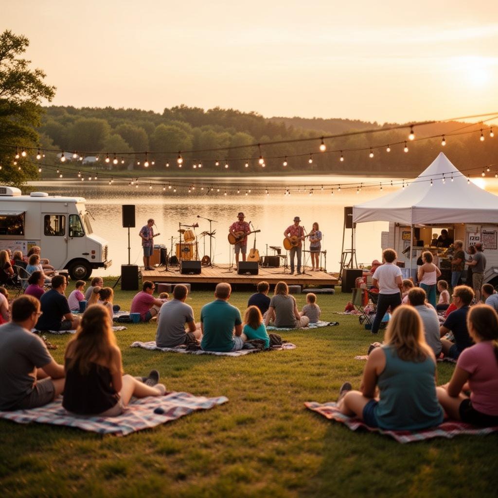 Lakeside community concert at sunset